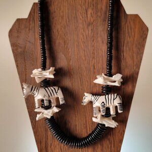 White Shell & Black Wood Bead Zebra Necklace Vintage